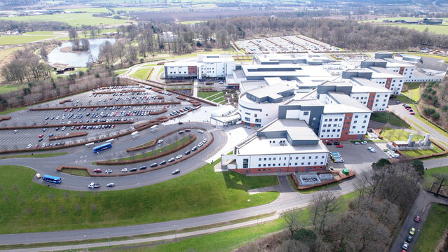 Low level aerial image of Forth Valley Hospital near Falkirk in Central Scotland.