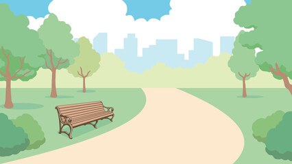 緑の多い公園のイラスト【ベンチ・青空・都市・自然・芝生。木々】