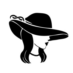 Portrait lady with an elegant hat on white background. Beauty logo design. Vector illustration of a beautiful woman.