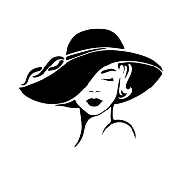 Portrait lady with an elegant hat on white background. Beauty logo design. Vector illustration of a beautiful woman.