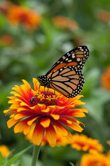 monarch butterfly standing on a zinnia blossom