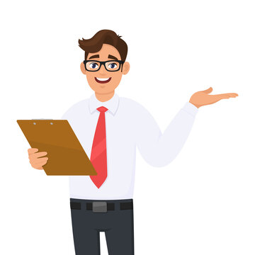 Trendy business man in eye glasses holding clipboard and presenting hand. Young person keeping notepad, document, folder or report. Male character gesturing arm to copy space. Vector cartoon style.