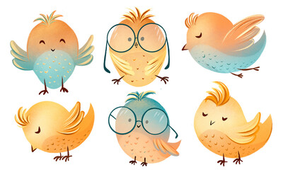 watercolor character baby birds set. Hand-painted Illustration Isolated. Cute summer.spring birds doodle