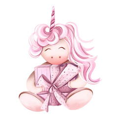 Hand drawing watercolor - cute sleeping unicorn on moon. For designing party invitations, stickers, greeting cards, flyers, covers. Girls clipart isolated on white. Baby pink unicorns