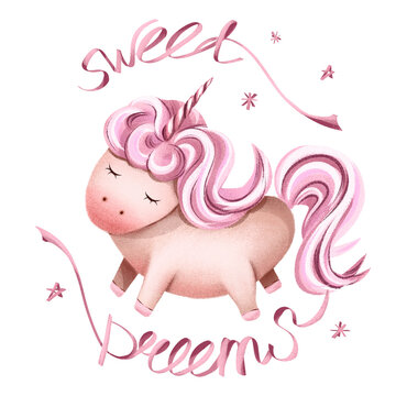 Hand drawing watercolor - cute sleeping unicorn on moon. For designing party invitations, stickers, greeting cards, flyers, covers. Girls clipart isolated on white. Baby pink unicorns