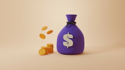 3D rendering of money investment concept. Sort ascending investment coins, money bags, banknotes, gold coins on 3d rendering background.