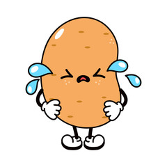 Cute funny crying sad potato character. Vector hand drawn traditional cartoon vintage, retro, kawaii character illustration icon. Isolated on white background. Cry potato character concept