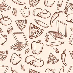 Cotton fabric hand drawn seamless pizza pattern and ingredients in vintage style