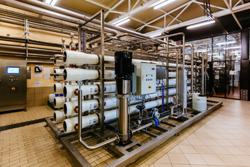 Modern multistage water filtration machine in brewery production