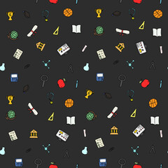 Colored seamless vector pattern with education icons. Doodle vector with education and school icons on black background. Vintage education pattern