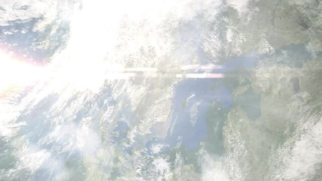 Earth zoom in from outer space to city. Zooming on Linkoping, Sweden. The animation continues by zoom out through clouds and atmosphere into space. Images from NASA