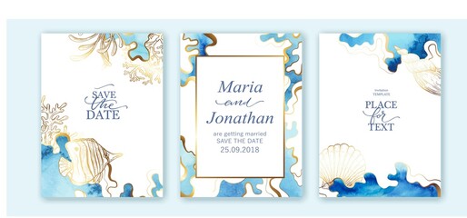 Set of wedding cards, invitation. Save the date sea style design. Blue watercolor wash.  Summer background. Hand drawn seashells with golden texture. Sea wedding concept.