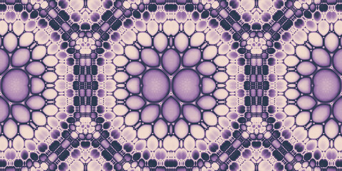 Soft abstract retro circles or fractal petals arranged in a maximalist opart mandala seamless pattern. Faded vintage violet and pink trendy textile. 8K high resolution 3D rendering.