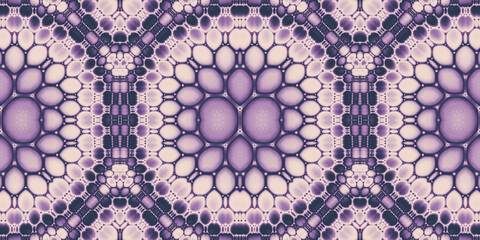 Soft abstract retro circles or fractal petals arranged in a maximalist opart mandala seamless pattern. Faded vintage violet and pink trendy textile. 8K high resolution 3D rendering.