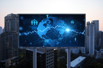 World planet Earth map hologram of social media icons over sunset panoramic cityscape of Bangkok, Southeast Asia. The concept of people connections.