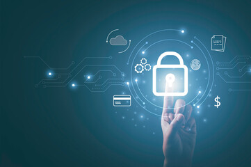 Cybersecurity, privacy, data protection concept. Hand touch Lock icon on modern screen computer network security and financial data with virtual connection, cyber attack privacy business data.