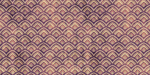 Traditional retro Chinese paper dragon scales watercolor wallpaper seamless pattern. Geometric grungy distressed textile design background in warm vintage rusted orange yellow brown. 3D Rendering.