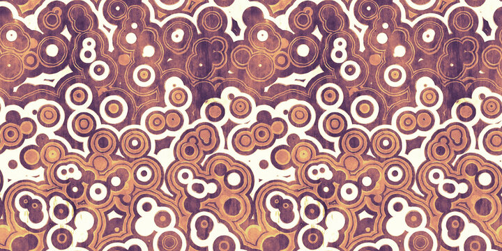 Retro classic 70s circles and bubbles wallpaper pattern. Geometric grunge watercolor seamless textile design background in warm nostalgic vintage faded orange, yellow and violet brown. 3D Rendering.