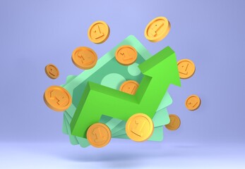 3d green arrow with golden coins around it