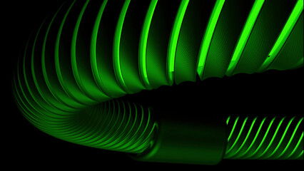 Curved hose moving on black background. Design. 3D model of pipe moving along curved trajectory. Tube with luminous cutouts moves along mount