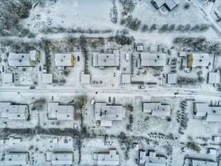 Snowy Norway village Aerial Shot
