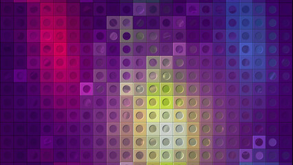 Moving color spots on mosaic squares. Motion. Colorful background with squares and dots changing colors. Colored spots move on background of squares with dots