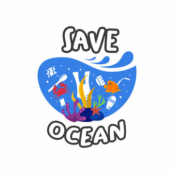 Save the ocean with wave background flat illustration vector concept suitable for world environment day, world ocean day or ecological campaign