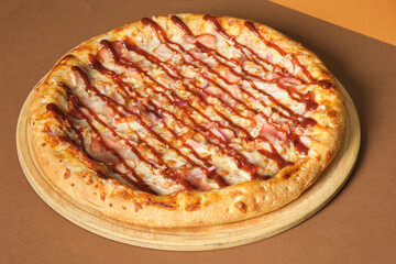 pizza with ham, onion and cheese mock up copy space