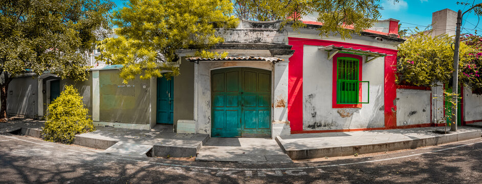 Panoramic view - A generic French-style buildings street in a union territory at French colony, Pondicherry also as Puducherry, Tamilnadu, South India