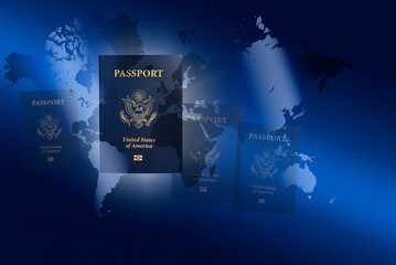 US passports against blue world map, digital composite