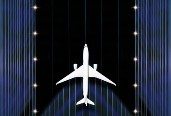 Overhead view of airplane on runway, digital composite