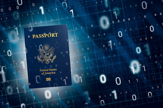 US e-passport with security chip and binary numbers, digital composite