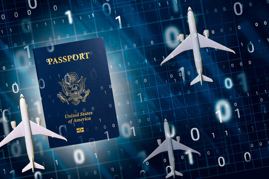 US e-passport with airplanes and binary numbers, digital composite