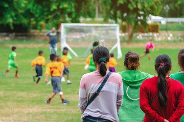 Back view of Moms watch and cheering their sons playing football in school tournament on sideline. Sport, outdoor active,  Spectator watching soccer game. Parents care and encourage their children.