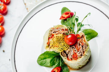 Traditional stuffed cabbage rolls with minced meat. Food recipe background. Close up