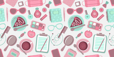 Fashion seamless pattern with female accessories, cosmetics, gadgets