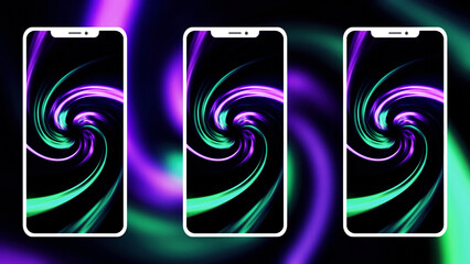 Abstract smartphones with colorful rotating spiral. Motion. Presentation of new high quality smartphones, concept of modern technologies and design.