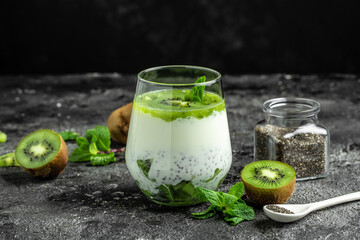 Chia seed pudding made with lactose-free yogurt, kiwi and mint, Delicious breakfast or snack, banner, menu, recipe, place for text,