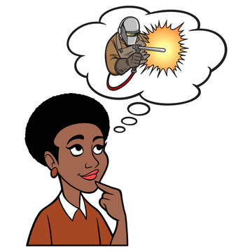 Black Woman Thinking About Welding - A Cartoon Illustration Of A Black Woman Thinking About Welding For A Living.