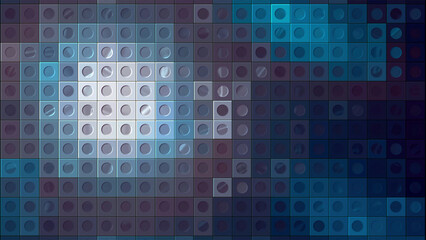 Mosaic background of squares with changing colors. Motion. Moving colors on surface of mosaic squares. Background of many squares with dots changing colors