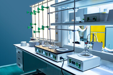Medical laboratory. Laboratory in clinic. Development of medicines. Equipment on laboratory table. Devices for medical experiments. Electrical scientific devices. Development of drugs and antibiotics