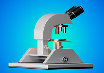 Microscope cartoon. Detailed rendering of scientific instrument. Microscope side view. Equipment for researcher. Microscope scientist. Scientific equipment on blue background. 3d rendering.