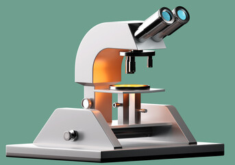 Modern microscope. Close-up of simple illuminated microscope. Researcher microscope on turquoise. Scientific instrument visualization. Concept of laboratory research and experiments. 3d rendering.