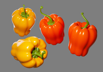 Bulgarian peppers from different sides. Set of yellow and orange bell peppers. Fresh bright vegetables. Bell pepper on gray. Whole vegetables set. Vegetarianism concept. 3d rendering.