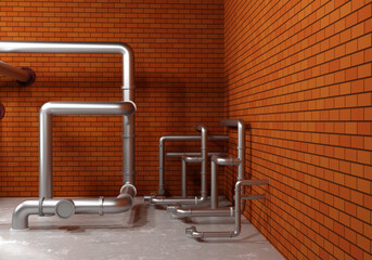 Pipes in boiler room. Silver pipes rendering. Steel pipeline near brick wall. Boiler room interior. Loft style room. Engineering plumbing communications. Curved steel pipes. 3d rendering.