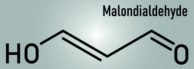 Malondialdehyde or MDA, enol form, molecule. Marker of oxidative stress and naturally produced during the lipid peroxidation of polyunsaturated fatty acids, skeletal chemical formula.