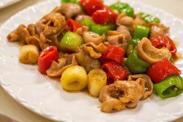 A sweet and delicious Chinese dish, fried pork intestines