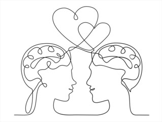 Vector concept love, hearts in the heads . Man and women love each other. One continuous line drawing