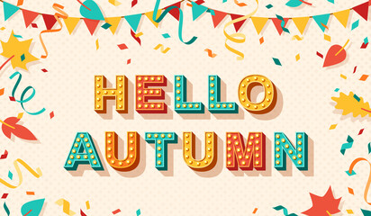 Hello Autumn sale poster template. Fall season shopping event, special discount coupon, promo layout. Paper garlands and confetti flat illustration with carnival style font. Flying color leaves