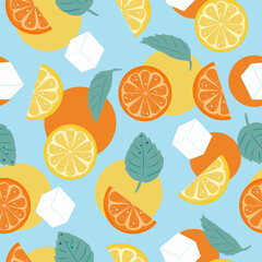 Seamless pattern with orange, lemon and mint. Summer vector illustration. Ingredients with mojito.